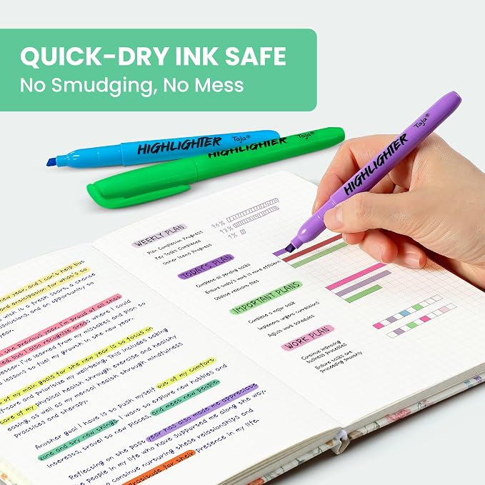 Taja Highlighters 96 Pack, 6 Assorted Colors, Bulk Pack Chisel Tip Marking Pens with Clean Ink, Suitable for School, Office, and Daily Use