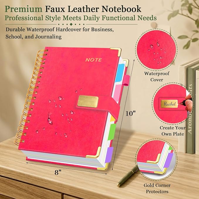 Hardcover Spiral Notebook 8''x 10'' College Ruled Notebook with Magnetic Closure, 300 Pages 5 Subject Notebooks with Pocket Dividers for Work School, B5 Leather Journal for Women, Men (Rose Red)