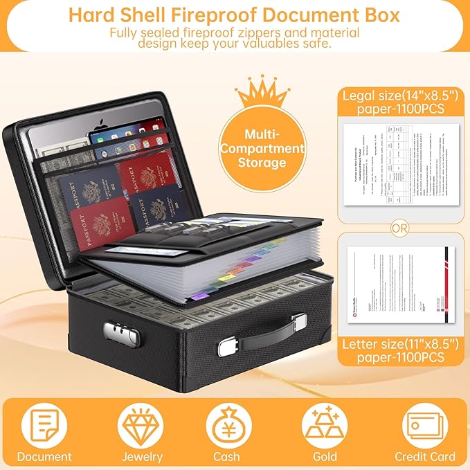 DocSafe 6400°F Fireproof Document Box with Lock, 10 Layers Heat Insulated | Fire&Water Resistant, Hard Case Safe Box with Zipper＆Multi Pockets, Protects Personal Items,Documents,Laptop,Passport, Black