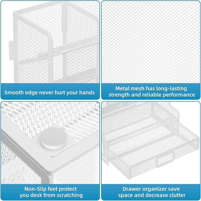 Marbrasse Larger Mesh Desk Organizer with Drawer, Multi-Functional Pen Pencil Holder, Easy Assembly, Desk Organizers and Accessories for Office Art Supplies (White) | Multi-Functional Pen Pencil Holder, Easy Assembly, For Office Art Supplies