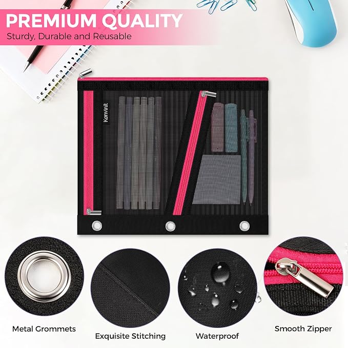 KONVINIT Pencil Pouch for 3 Ring Binder, Black Zipper Binder Pencil Pouch | Zipper Pencil Pouches, Durable Cloth Pencil Case With 3 Pockets, Mesh Window Pencil Bag With Supplies, Cables, Makeup