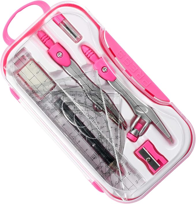 Unjoo Geometry Set 10 Pcs Student Supplies, Protractor and Compass (Pink） | Shatterproof Storage Box,Rulers,Protractor,Compass,Eraser,Pencil Sharpener,Lead Refills,Pencil,for Classroom, Back to School