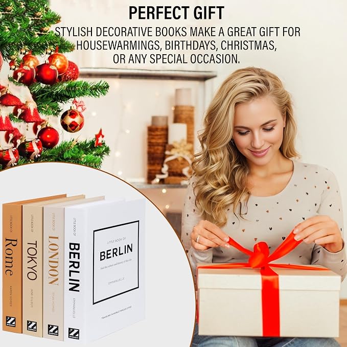 PROBENEX 4 Pcs Decorative Books | Faux Mocha Coffee Table & Shelf Decor | Warm Modern Look for Living Room, Office and Entryway - Not Real, Tool-Free 2-Min Setup