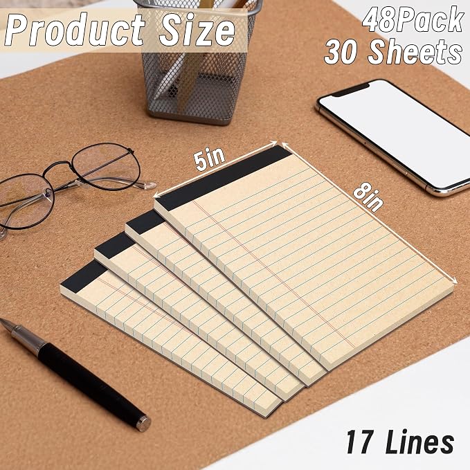 48 Pack Legal Pads 5 x 8 Inch Recycled Paper Writing Pads College Ruled | 30 Sheet Per Pad with Perforated Pages, Eco Friendly Memo Pads for Office, School and Home Notes, Lists and Daily Writing