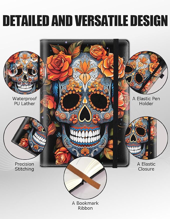 Hardcover Executive Notebooks, A5 PU Leather Lined Journal Notebook, 200 Pages Thick Paper Subject Notebooks for School,Work,Home Writing Business Notebook, Diary Book ， Sugar Skull Flower