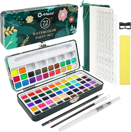 Artecho Watercolor Paint Set 72 Colors, Travel Watercolor Set with Watercolor Papers and Brushes, Ideal for Amateur Hobbyists, Painting Lovers and Artists