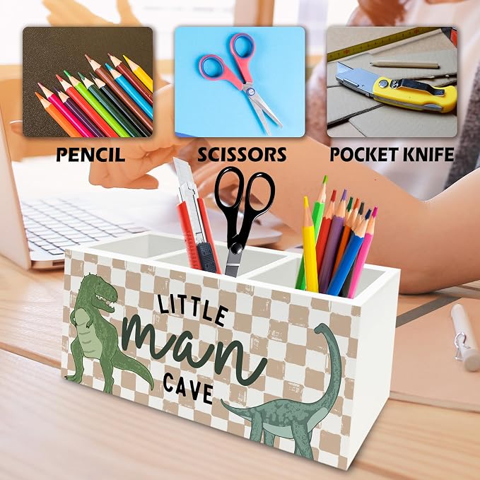 Dinosaur Pen Pencil Holder Organizer for Desk, Little Man Cave Dino Retro Neutral Checkered Wooden Box Signs Decorations for Kids Boys Room Bedroom Desk Tabletop, Dinosaur Gifts for Kids Boys