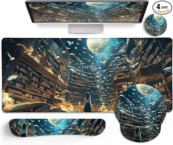 LIMKRIAN Anime Book Mouse Pad Set Large Desk Matt for Desktop Decor | Ergonomic Mouse Pad Wrist Rest, Gaming Computer Mat Keyboard Wrist Support, Coaster, Home Office Desk Accessories for Women