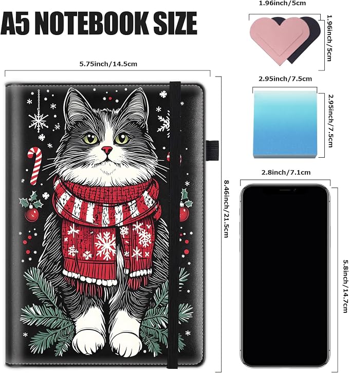 Hardcover Executive Notebooks, A5 PU Leather Lined Journal Notebook, 200 Pages Thick Paper Subject Notebooks for School,Work,Home Writing Business Notebook, Diary Book ，Christmas Cat