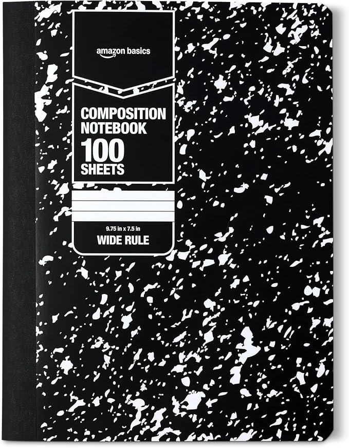 Amazon Basics Composition Notebook, Wide Ruled, 100 Sheets, 1 pack, Marble Black, 9.75" x 7.5" for School, Home, and Office Use