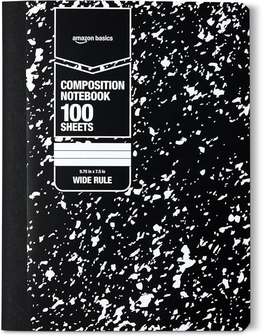 Amazon Basics Composition Notebook, Wide Ruled, 100 Sheets, 1 pack, Marble Black, 9.75" x 7.5" for School, Home, and Office Use