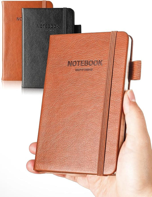 AISBUGUR Pocket Notebook Small Notebook 2-Pack, 3.7" x 5.7" Pocket Notebooks Hardcover with Thick Lined Paper, Inner Pockets, Cover Letter Embossing Design Mini Journal Notepad Black+Brown