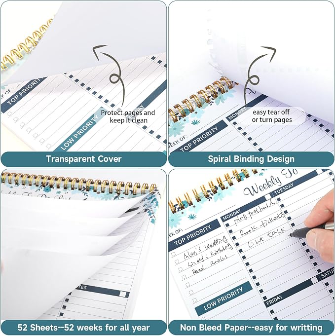 Thboxes 52 Sheets Weekly To Do List Notepad, 8.5" x 11" Efficiently Plan Weekly Task List Notepad for Student Work Home Office School Improve Focus and Efficiency Weekly Planner Blue