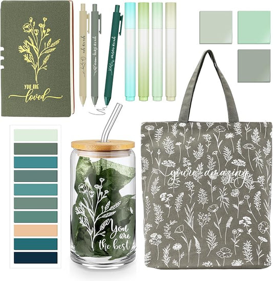 14 Pcs Inspirational Journal Kit for Women Aesthetic A6 Leather Journal Notebook Glass Cup Canvas Tote Bag Motivational Pen Stationery Set for Vbs Sunday School Teacher Back to School(Green)