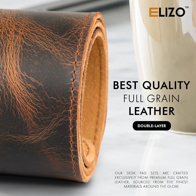 ELIZO Luxury Rollerball Pen & 2-Layer Leather Desk Mat Bundle – 24K Gold Trim Executive Pen with Schmidt Ink & Large 3mm Desk Pad Blotter for Office, Keyboard & Laptop