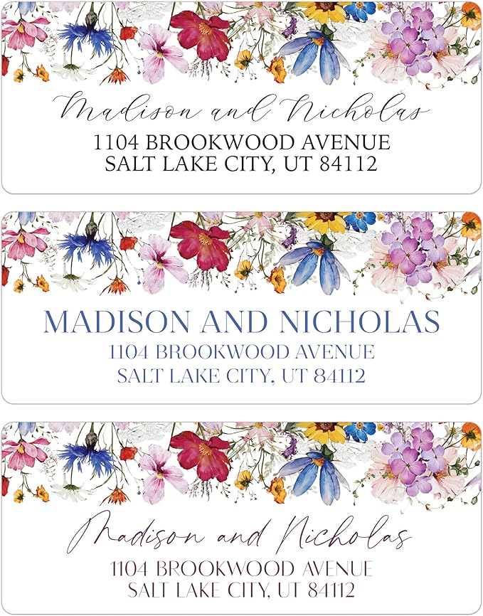 Return Address Labels Personalized with Your Choice of 30 Flower Styles - Choose Font and Font Color or Add Custom Text - Perfect for Wedding Envelopes (013 Bright Colorful Flowers)
