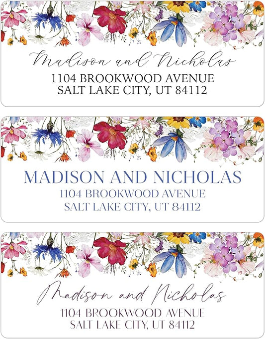 Return Address Labels Personalized with Your Choice of 30 Flower Styles - Choose Font and Font Color or Add Custom Text - Perfect for Wedding Envelopes (013 Bright Colorful Flowers)