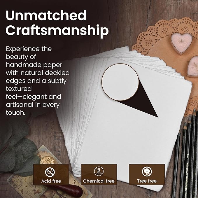 LEATHER VILLAGE Offwhite Deckled Edge Watercolor Paper 25 Sheets 6x8 Inches | Handmade cotton rag paper in natural offwhite tone, 150 GSM thick for calligraphy, letter writing, invitations and ink art