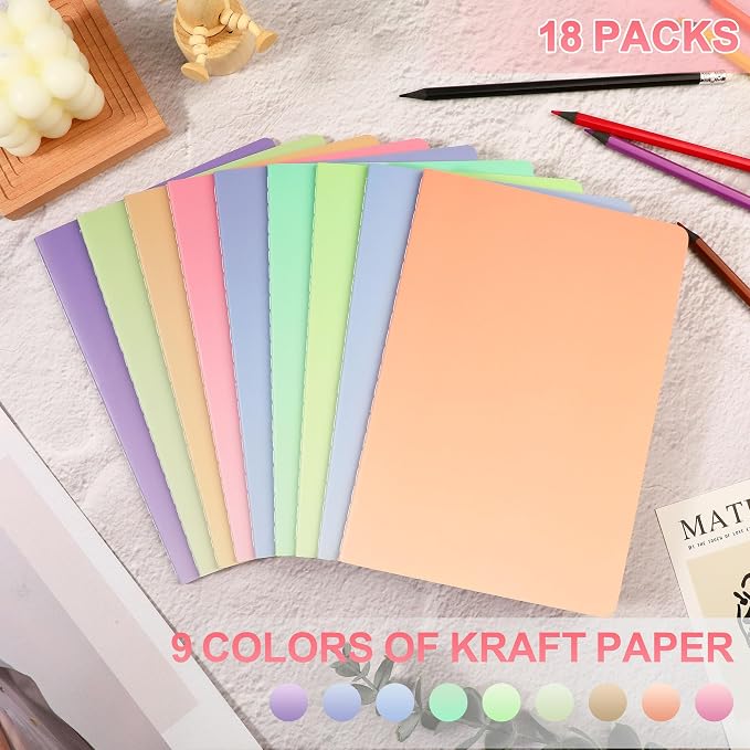 miikoul 18 Pack A5 Colorful Lined Notebook Bulk, Journals for Travelers 8''x5.6''college Ruled Composition Notebook, Writing Journal for School Office Business, 60 Pages/30 Sheets, 9 Color