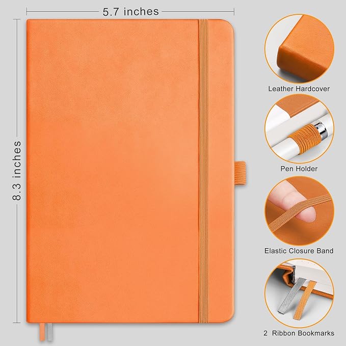 RETTACY Dotted Journal Notebook, 192 Pages, A5 Medium Size (5.7'' x 8.3'') | Leather Hardcover, 100 GSM Thick Paper, for Journaling, Planning, Tracking (Orange)