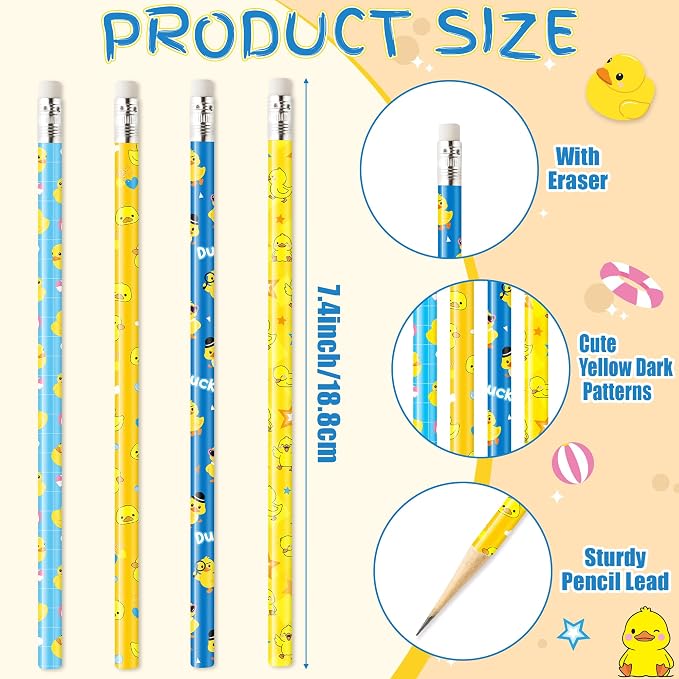Xqumoi 60Pcs Ducks Pencils with Erasers - Cute Rubber Ducks Themed #2 HB Wooden Pencils in Bulk Birthday Party Favors Classroom Student Rewards Goodie Bag Fillers Stuffers Back to School Gift