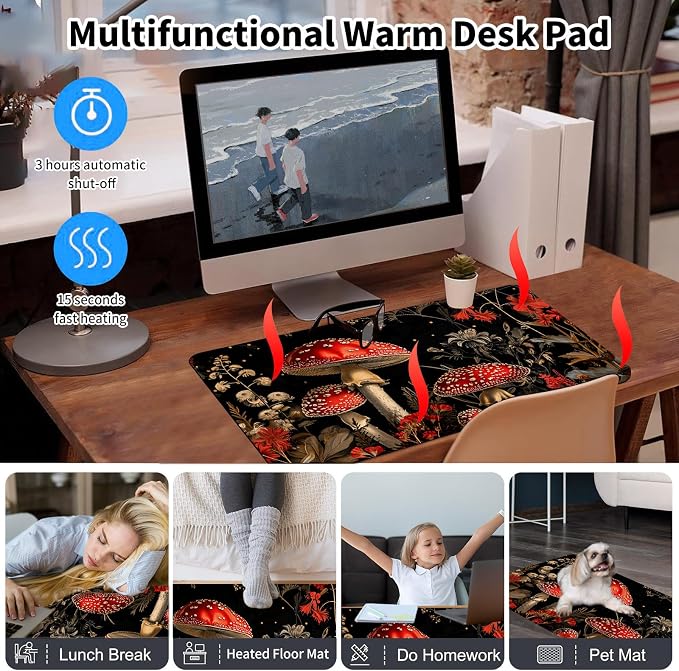 Heated Desk Pad Mouse Pad,Heated Desk Mat,with 3 Heating Levels & 3 Hours Auto Shut-Off,Leather 23.6"*14.2" Gaming Mouse Laptop Mat,Foot Warmer,Red Mushroom Forest