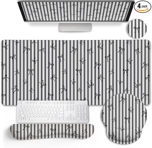 LIMKRIAN Black Striped Ergonomic Large Desk Mat Set with Wrist Rest | Non-Slip PU Base, Stitched Edges, Gel Wrist & Keyboard Rest Ease Pain, Ideal For Office/Gaming, Cute Home Office Decor