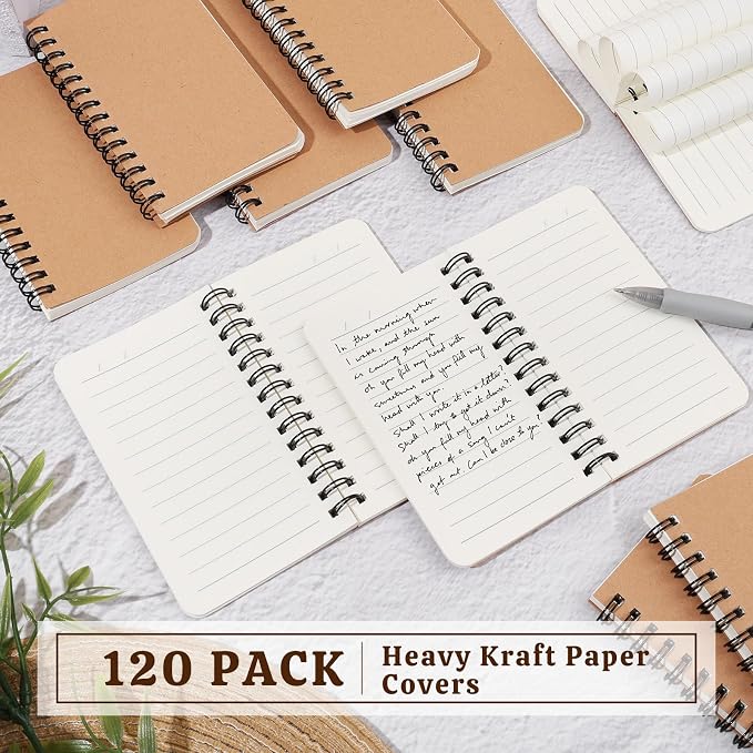 miikoul 120 Pack Spiral Memo Pads 3x5 Inch Small Pocket Notebooks with Double Twin-Wire Binding 60 Sheets/120 Pages Khaki Kraft Cover Mini Journal Notepads Ruled for Note Taking School Office Supplies