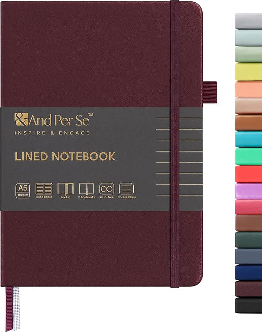&And Per Se Lined Journal Notebook, 160 Pages, A5 5.7 x 8 inches College Ruled Thick Paper Notebook Journals for Writing, Hardcover Notebooks for Women Men Office School (1 Pack, Dark Red)