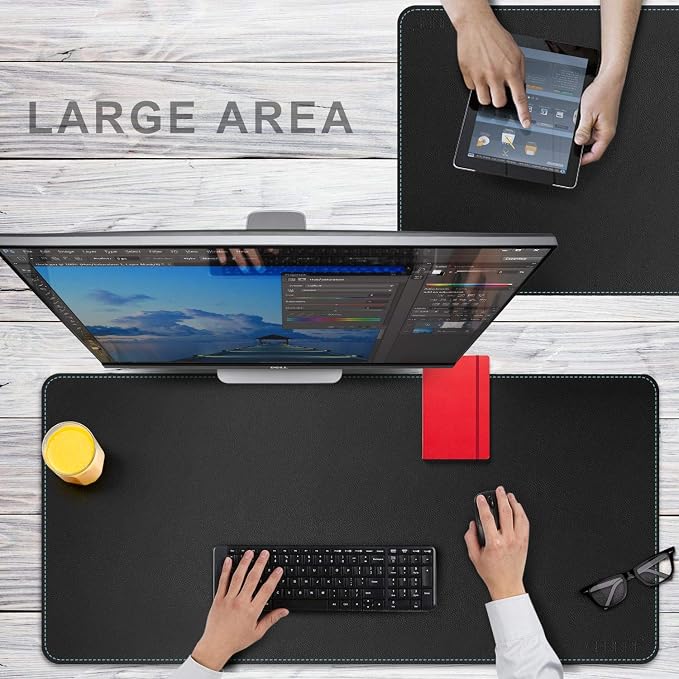 CENNBIE Leather Desk mat Protecter 47.2X19.6in Super Large(Black) | Premium stitched edges resist wear. Easy to clean. Protects desk from spills, stains ,scratches. Smooth glide. Office & home.