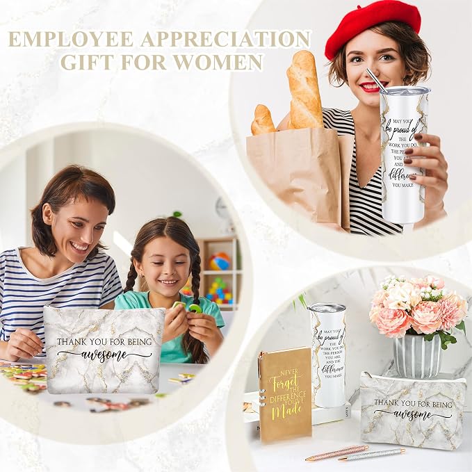 Domensi 6 Pcs Employee Appreciation Gift Set for Women Female Thank You Gift May You Be Proud 20 oz Rustic Marble Sign Tumbler Makeup Bag Journal for Boss Teacher Work Business(White)