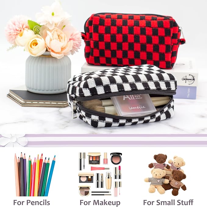 Checkered Makeup Bag for Purse, Small Travel Cosmetic Pouch,Black,6 Pack | Cute Zipper Makeup Organizer for Women, Travel Essentials, Toiletries, Makeup Brushes, Beauty Accessories&Bridesmaid Gifts
