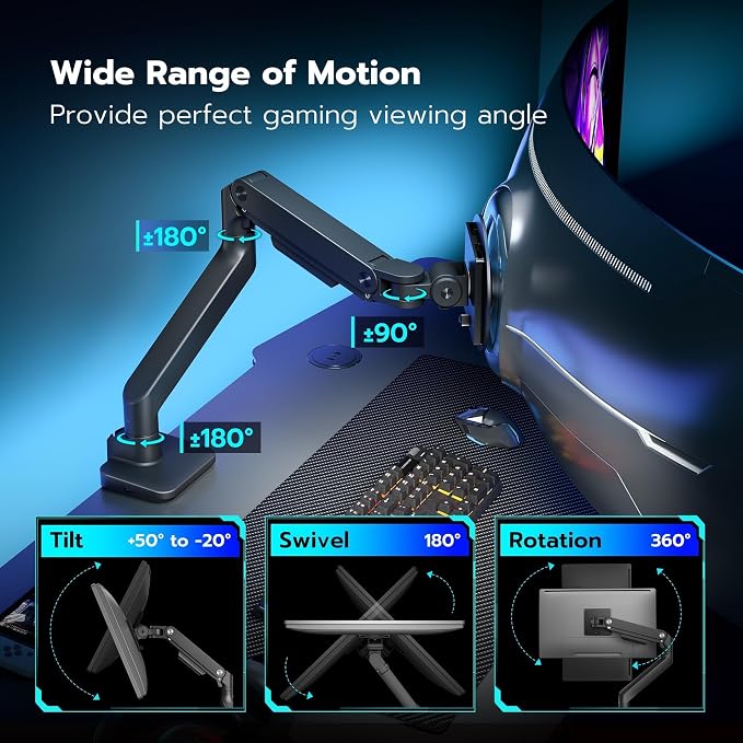ARES WING Ultrawide Monitor Desk Arm with USB A/C for 17 to 49 Inch Screen | Pro Gas Spring, Full Range of Motion, for 75/100 Vesa Mount, for Samsung, LG Curved/Flat Monitor, Easy Install, Hold 44lbs