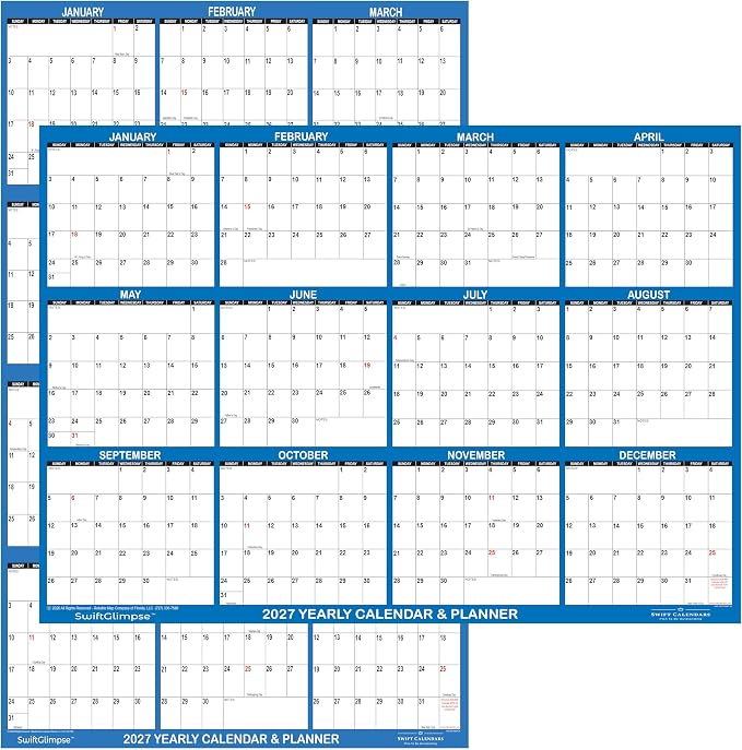 24" x 36" SwiftGlimpse 2027 Wall Calendar Erasable Large Wet & Dry Erase Laminated 12 Month Annual Yearly Wall Planner, Reversible, Horizontal/Vertical, Navy (5-PACK)