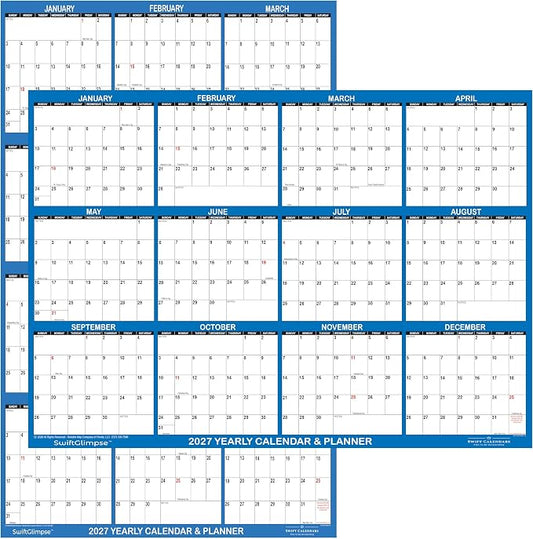24" x 36" SwiftGlimpse 2027 Wall Calendar Erasable Large Wet & Dry Erase Laminated 12 Month Annual Yearly Wall Planner, Reversible, Horizontal/Vertical, Navy (5-PACK)