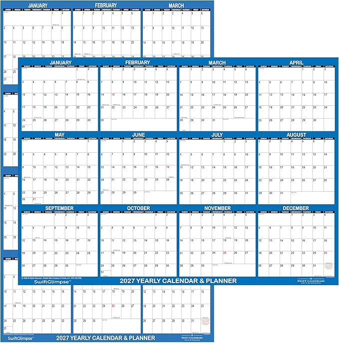 24" x 36" SwiftGlimpse 2027 Wall Calendar Erasable Large Wet & Dry Erase Laminated 12 Month Annual Yearly Wall Planner, Reversible, Horizontal/Vertical, Navy (1-PACK)