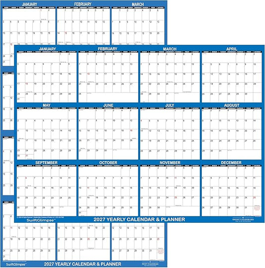 24" x 36" SwiftGlimpse 2027 Wall Calendar Erasable Large Wet & Dry Erase Laminated 12 Month Annual Yearly Wall Planner, Reversible, Horizontal/Vertical, Dark Blue