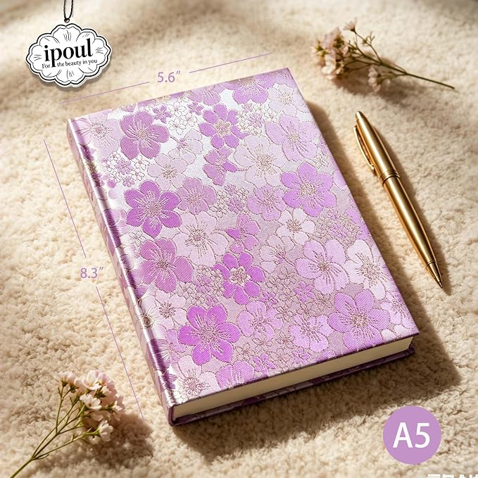 Purple Notebook, Floral Journal, A5, Ruled, Journal for Teen Girls, Writing Notebook, Hardcover, Lay-flat, Pretty Girls Diary, School Supplies, Cherry Blossom Flowers