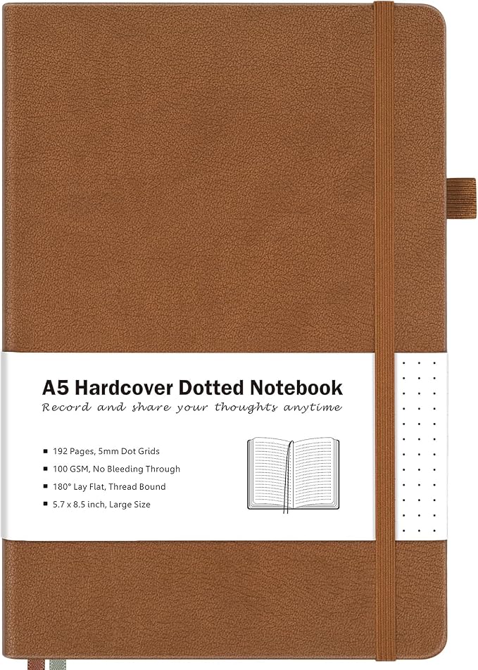 Dotted Journal, Hardcover Leather Dot Grid Notebook Journal for Women Men | No Bleed Thick Paper for Smooth Writing, Lay Flat, A5 Portable Size for Work, School, and Travel, Professional Business Style