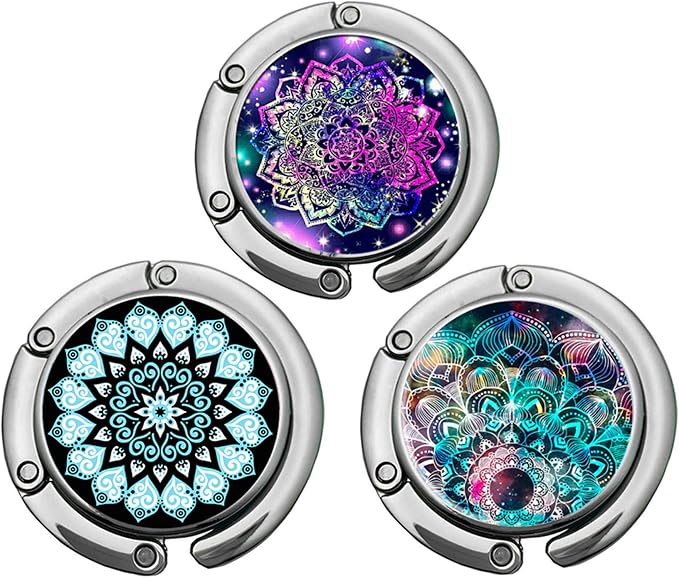 Bosketo Foldable Purse Hook Womens Bag Table Hanger Collection Desk Hooks for Purse (3pack Mandala-Hook)