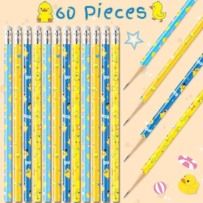 Xqumoi 60Pcs Ducks Pencils with Erasers - Cute Rubber Ducks Themed #2 HB Wooden Pencils in Bulk Birthday Party Favors Classroom Student Rewards Goodie Bag Fillers Stuffers Back to School Gift