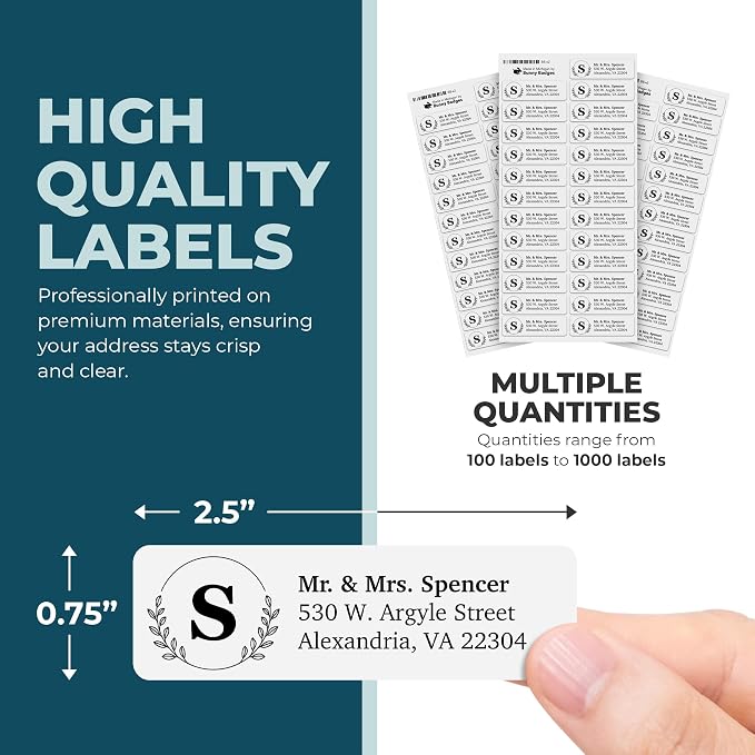 Personalized Return Address Labels - Custom Monogram Address Stickers on Sheets (100-1000 Labels)