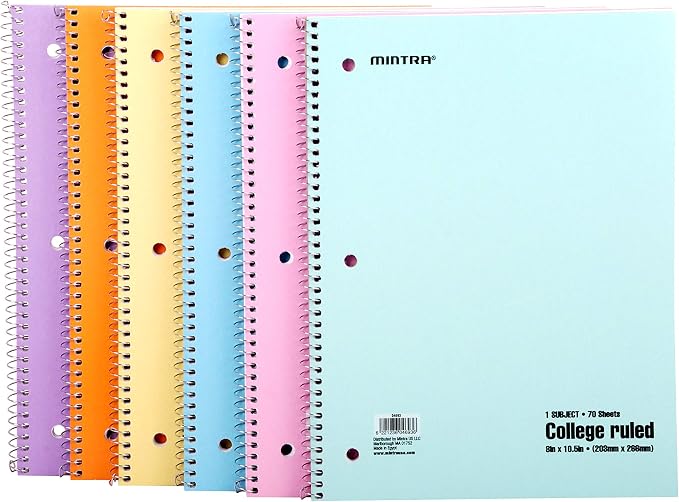 Mintra Office Spiral Notebooks Set - Pastel Colors, College Ruled, Journals for School, Work, Business, Aesthetic Stationery, Writing Pad, Teacher & Student Supplies, 70 Sheets Each, 24-Pack