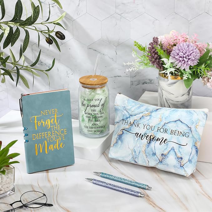 Funnymoom 6 Pcs Appreciation Gifts Set for Women Back to School Teacher Gifts Employee Thank You Gift with 17 oz Glass Tumbler Journal Pens and Pouch for Coworkers Educators,Marble,Blue
