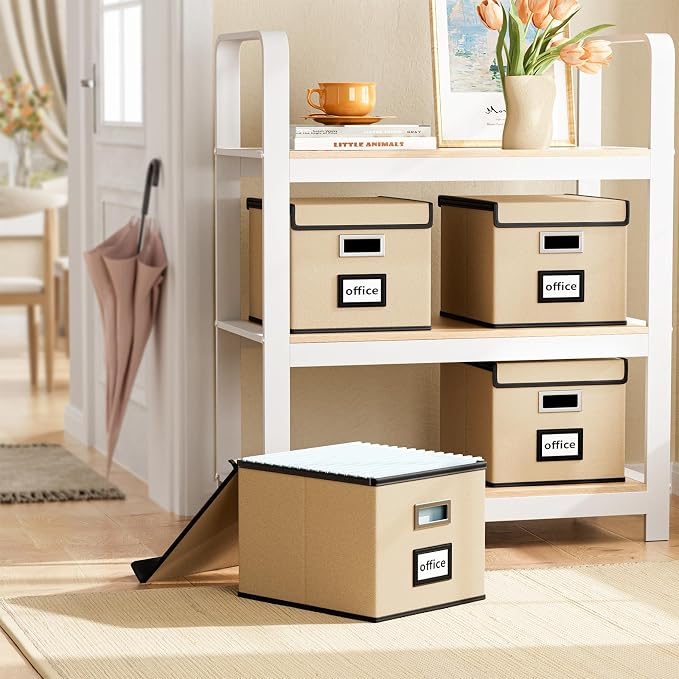 File Organizer Box with Lid, Collapsible File Folder Organizer for Office Document Storage, Filing Box with Plastic Slide for Letter Size Hanging File Folders(1 Pack, Brown)