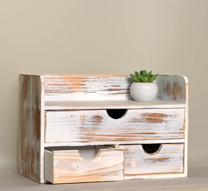 Vintage Rustic Brown Wooden 3 Drawer with Shelf Office Desk Organizer & Mail Rack For Desktop,Box for Office Home Toiletries Supplies Vanity, No Assembly Required (Rusitc White)