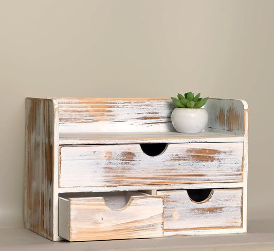 Vintage Rustic Brown Wooden 3 Drawer with Shelf Office Desk Organizer & Mail Rack For Desktop,Box for Office Home Toiletries Supplies Vanity, No Assembly Required (Rusitc White)