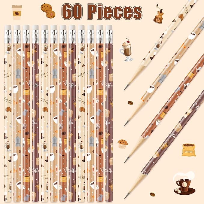 Xqumoi 60Pcs Coffee Themed Pencils with Eraser - Latte Cappuccino #2 HB Pencils, Coffee Lover Stationery Office Supplies Teacher Appreciation Gift Goodie Bag Fillers Stuffers Party Favors