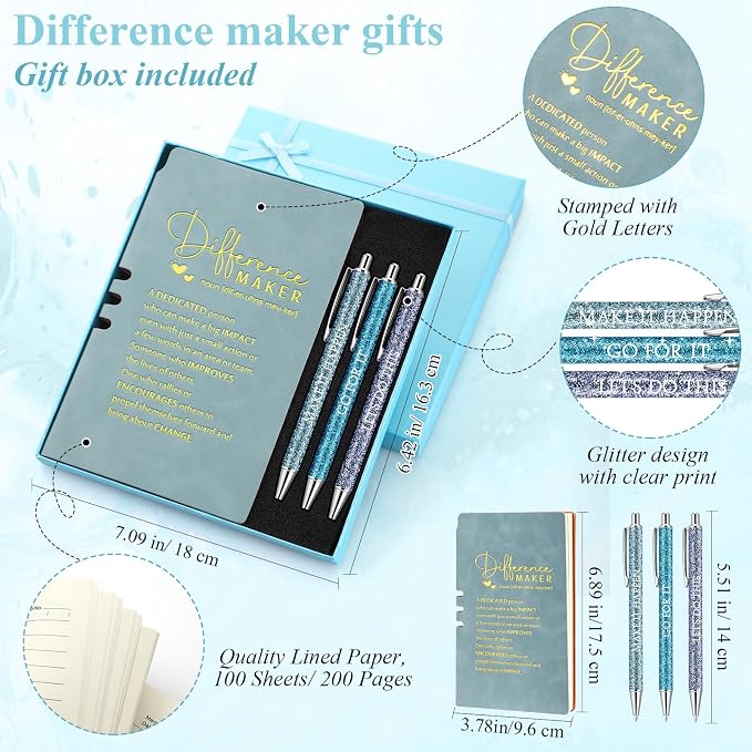 Thenshop 5 Pcs Difference Maker Gifts Journal with Pen Leather Notebook 3 Ballpoint Pens Box Thank You Gift for Nurse Boss Employee Coworker Teacher Volunteer Social Worker Assistant(Blue)