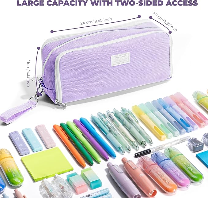 Four Candies Puple Pencil Case 3 Compartment Pouch, Large Pencil Case for School, Girls, Teen Boys, Women, Puple, Removable Handle & Zipper, Cute Pencil Bag for Office, College